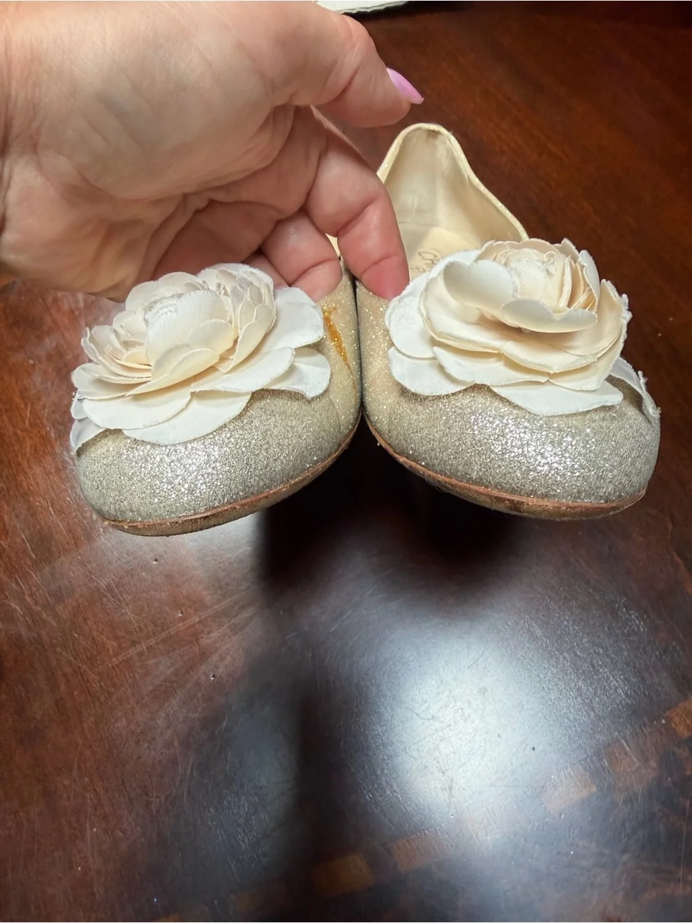 CHANEL Beige Floral Camellia Ballet Flats